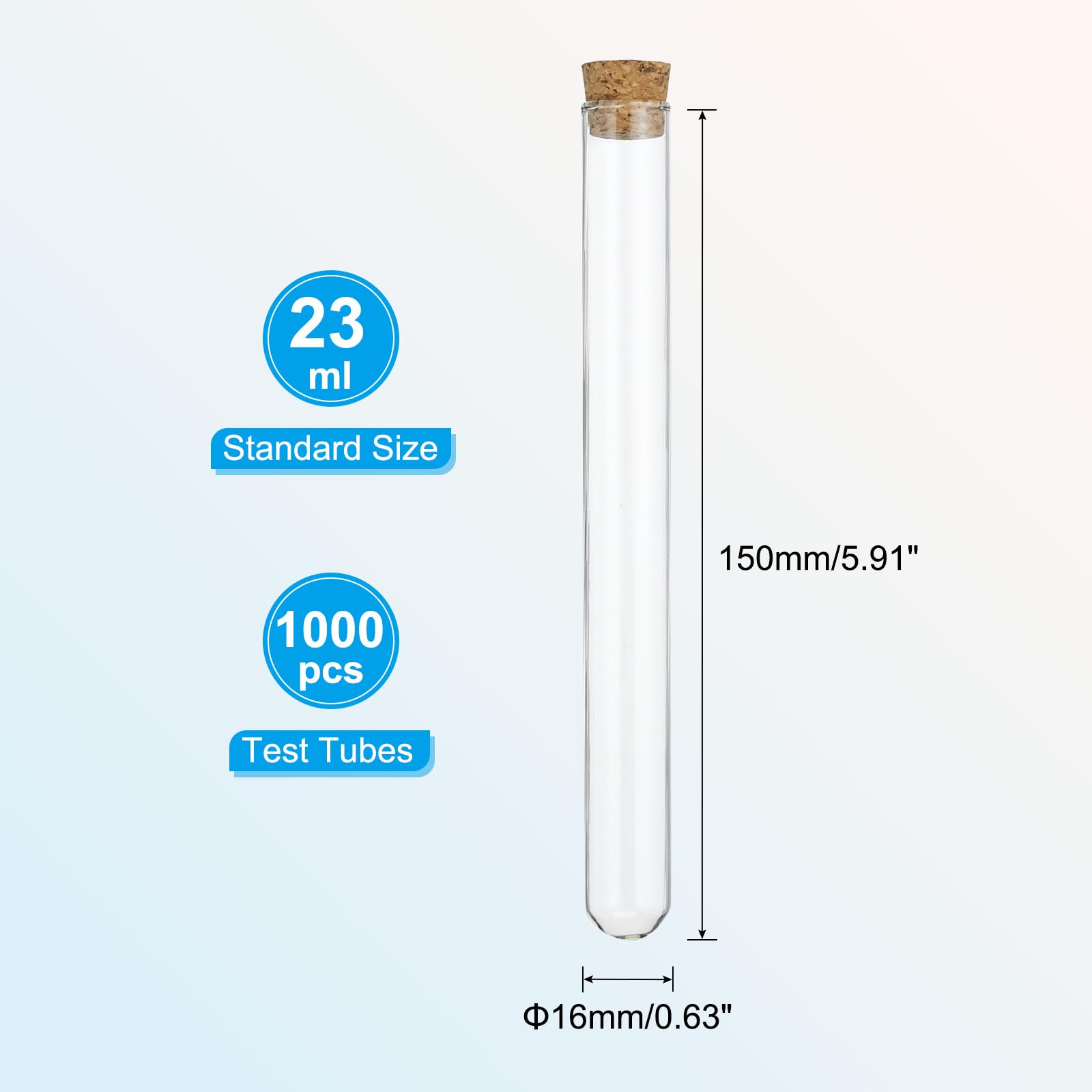 PATIKIL 23ml Test Tubes, 1000pcs 5.91x0.63in Glass Clear Round Bottom Test Tube Containers with Cork Stopper for Bead Party Candy Bath Salt Storage Scientific Experiment Plant Propagation
