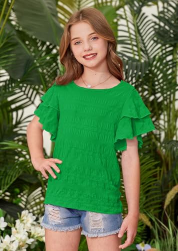 Image of Girls Summer Crewneck Tee Shirts Double Ruffle Short Sleeve Stretch Textured Fabric Casual Blouse 5-14 Years