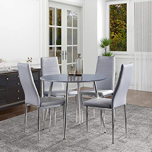 GOLDFAN Table de Salle à Manger Ronde Moderne avec 4 Chaises en Bois et Cuir pour Salle à Manger, Cuisine, Salon Table Set, Gris et Gris