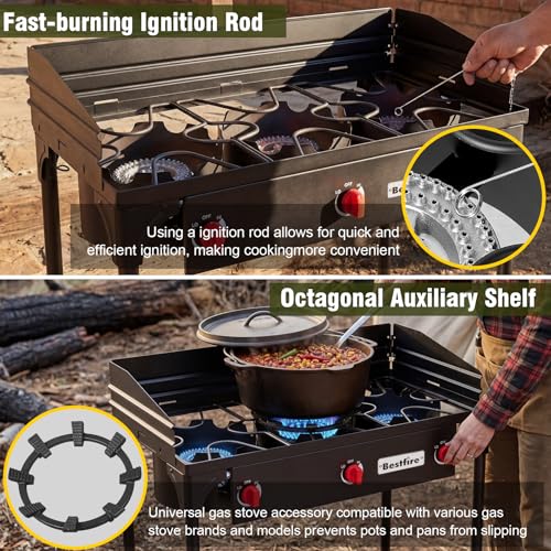 Image of BESTFIRE 3 Burner Camping Stove, 225,000 BTU Propane Stove with Detachable Windscreen, Removable Legs & 20 PSIG Regulator&Octagonal Auxiliary Shelf&Ignition wire for Outdoor Cooking, Canning, BBQ