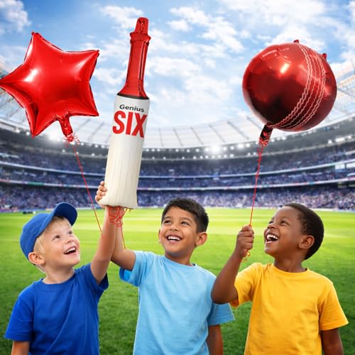 Image of Rozi Decoration Cricket Theme Foil Balloon Set Pack of 5 - Bat Shape Balloon, 2 Round Cricket Ball Balloons, 2 Star Foil Balloons for Birthday Decoration, Sports Theme Party Supplies