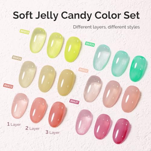 Image of MelodySusie Jelly Gel Nail Polish Set,6 Transparent Colors,Milky or Jelly Texture,Soft Candy Colors Soak Off UV LED Light Cure or Salon Manicure and Nail Art DIY at Home 15ML 0.3Fl Oz
