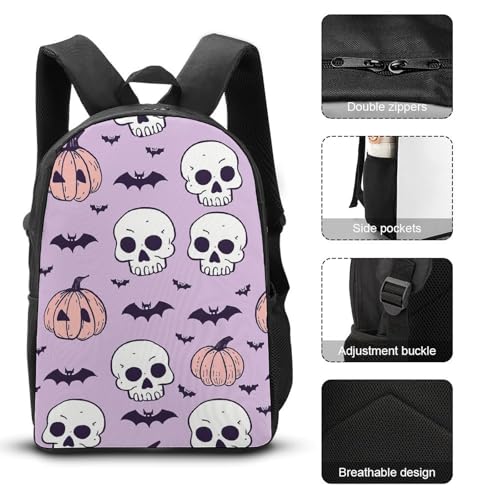 3 Piece Backpack for Women Men Lightweight Causal Daypack Shoulder Bag Set with Insulated Lunch Bag And Pencil Case Organizers Skull And Pumpkin3