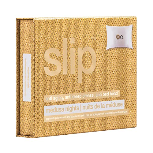Slip Silk Gift Set, Medusa Nights - The Slipsilk Difference Highest Grade 22 Momme Mulberry Silk - 1X Queen Silk Pillowcase, 1X Large Silk Scrunchie, 1X Skinny Silk Hair Tie (3 Piece Silk Set) #TOP2