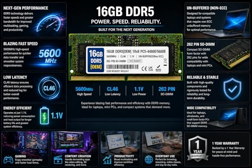 Image of 16GB DDR5 5600MHz OEM Laptop RAM Compatible with Samsung [Key Specs: PC5-44800 /5600B | 262-Pin SO-DIMM | CL46 | 1Rx8 | 1.1V | Non-ECC] | 1 Year Seller Warranty