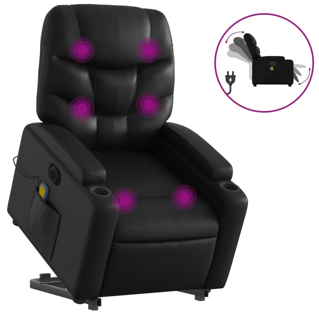 Sillón elevador eléctrico reclinable negro de piel sintética con 6 puntos de masaje, función de elevación y vibración, portavasos y bolsillo lateral