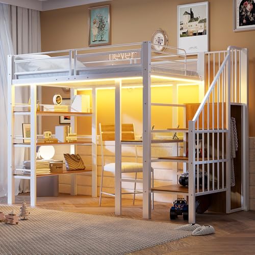 YuQozii Cama alta 90 x 200 cm con barra de luz LED y enchufe, cama de hierro forjado con estante y estantería, cama individual multifuncional (blanco)
