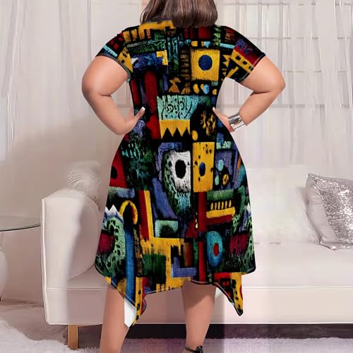 Image of Womens Summer Plus Size Crewneck Midi Dress Short Sleeve High Waist Dresses A Line Smocked Sundress with Pockets