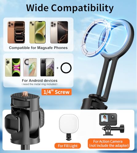 TONEOF 175cm Magnetic Phone Tripod Selfie Stick, Portable Camera Tripod, 360° Rotating Phone Stand, Aluminum Phone Stand with Remote for Phone/Small Cameras, for Selfies/Live/Video Recording-Black Red