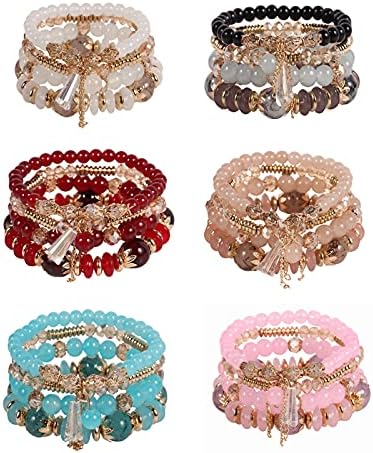 Solosoya Bohemian Stackable Bracelets Set for Women Multipack Multilayer Girls Elastic Rope Boho Colorful Stack Beads Bright Beaded Bracelets with Clear Vertebral Pendant Handmade Ladies Stretch Jewelry Accessories 6 Pack