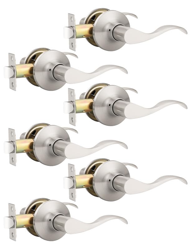 Image of Mengico 6 Pack Satin Nickel Modern Interior Passage Door Knobs, Keyless Door Handle for Hallway & Closet, Wave Style Non-Locking Door Lever Reversible for Left & Right Handed