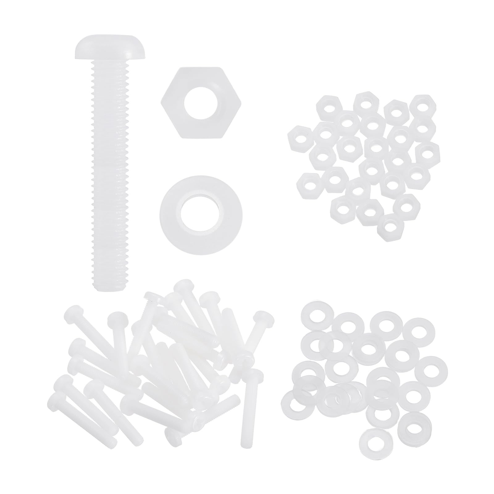 sourcing map 25 Set M5x30mm Nylon PA66 Plastic Cross Round Head Screw Phillips Bolts Hex Nuts Flat Washers Assortment Kit, Metric Full Thread Bolt Fasteners for DIY Machine Assembly, White — image 1