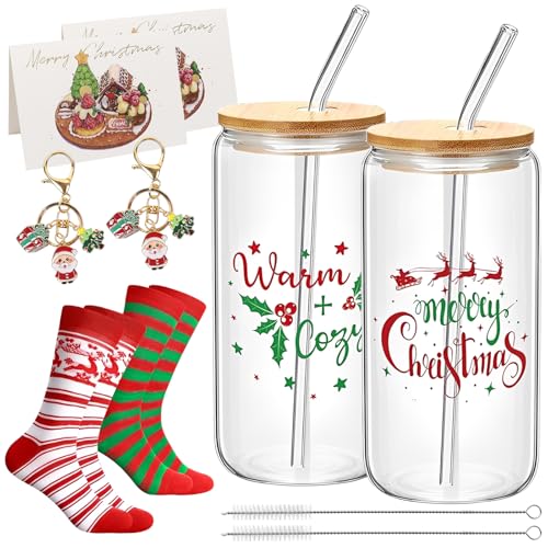 Tazze Natalizie, Tazza Natalizia con Coperchio e Cannuccia, Bicchieri Natalizi Set con Calze Natalizie, Biglietti Natale e Portachiavi, Tazza Natale,Tazze di Natale,Mug Natalizie,Regalo Natale Donna