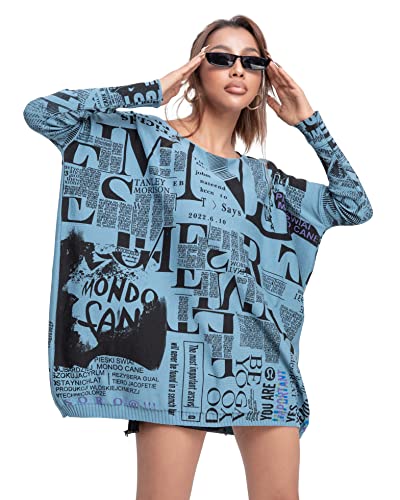 ellazhu Women's Off-Shoulder Long-Sleeved Cute Newspaper Printed Pullover Oversized Sweater Shirt GY2753