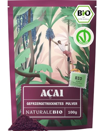 NaturaleBio Acai Pulver 100 g gefriergetrocknetes Acai-Beeren Pulver (Freeze-Dried) aus Brasilien - Getrocknete Rohkost aus der Acai-Frucht, ideal für Smoothies und Gesundheitsdrinks