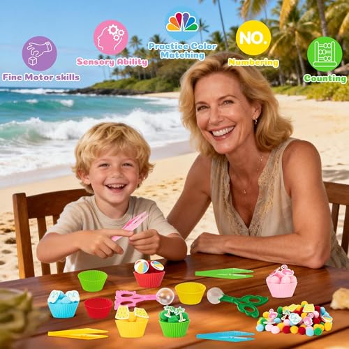 Image of EZdhuawuse Summer Sensory Bin Fillers - 268Pcs Summer Beach Fine Motor Toys Counting Sorting for Kids, Felt Beach Ball Palm Tree Pom Poms Cup Clip for Preschool Education Birthday Gift Party Favors