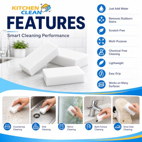 Image of Kitchen Clean Magic Eraser Sponge, Pack of 2 | Wall & Kitchen Stain Remover, Bathroom Tile Cleaner, Pencil Marks & Lime Scale Cleaner