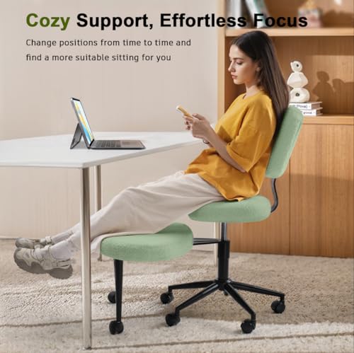 Image of Waleaf Ergonomic Cross Legged Office Chair, ADHD Chair for Adults, Height Adjustable Meditation Chair with Wheels, Teddy Fabric Yoga Kneeling Chairs with Comfortable Back Support (Green)