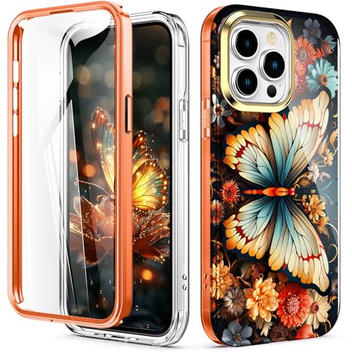 Hocase for iPhone 15 Pro Max Case (with Built-in Screen Protector) Shockproof Slim Soft TPU+Hard Plastic Full Body Protective Case for iPhone 15 Pro Max (6.7) 2023 - Orange Butterfly