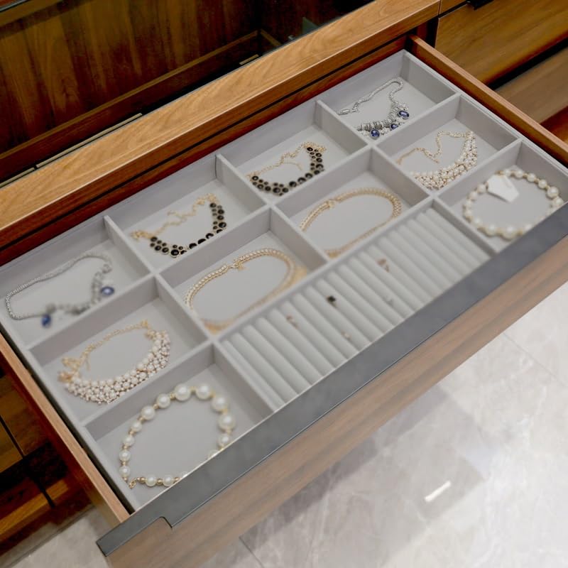 Organizer do szuflady na biżuterię, niebieskie pudełko do przechowywania biżuterii, na kolczyki, naszyjniki, bransoletki, pierścionki - wkładki do szuflad i wyświetlacz, 60 x 36 x 5 cm