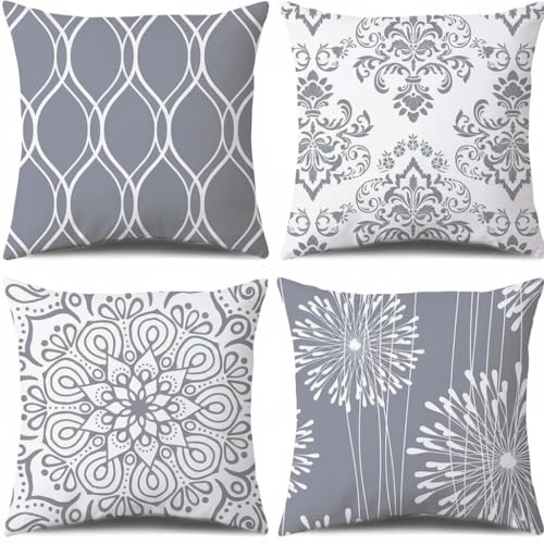 Hopomoon Gray Geometric Floral Throw Pillow Covers 18x18 Inch Set of 4