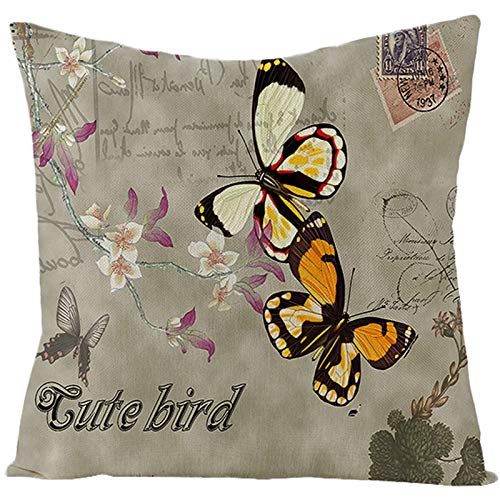 KnBoB 50x50 Kissenbezug, Leinen Schmetterling und Blumen Muster Sofa Kissenbezug Kissenhülle (Grau Gelb Schwarz, 1 Stück) Cover