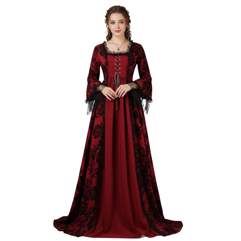 ZNLFS Women's Medieval Victorian Ball Gown Gothic Renaissance Costume Dress with Lace Bell Sleeves Square Neckline Royal Halloween Fancy Dress (Wine Red, X-Small)