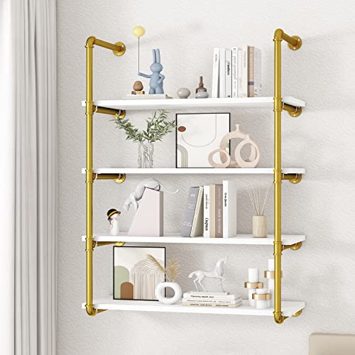 Azerpian Floating Shelves Wall Mounted Industrial Pipe Unit Metal Hung Bracket Bookshelf For Bedroom Living Room Bathroom Kitchen,Gold 4 Tier #TOP1