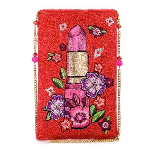 Mary Frances Women's Glamour Girl Beaded Lipstick and Floral Crossbody Cell Phone Bag Clutch with Removable Chain Strap Handbag, Pink