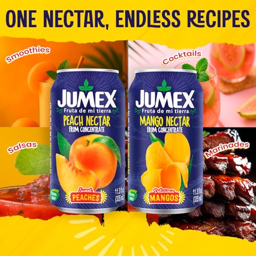 Image of Jumex Mango Nectar Juice & Peach Nectar - Made with Fresh Fruit Puree - Tropical Fruit Juice Concentrate for Smoothie Mix, Cocktail Mixers & Kids Beverages - 11.3oz, 12 Pack Canned Drinks