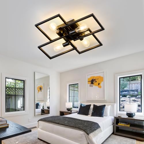 Image of ASGYISA Black Industrial Semi Flush Mount Ceiling Light Kitchen Light Fixtures 4-Light Modern Large Matte Sputnik Chandelier for Dining Room Bedroom Farmhouse Living Room
