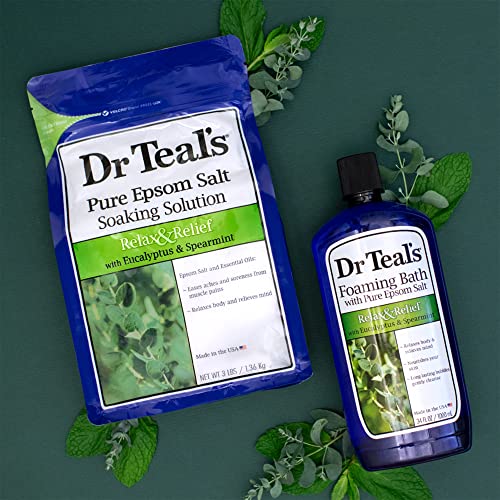 Image of Dr Teal's Epsom Salt Soaking Solution and Foaming Bath with Pure Epsom Salt, Eucalyptus 3 Pound Bags, and 34 Ounce Bottle