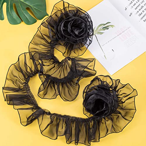 Ancirs 3 Yards Organza Ruffled Pleated Lace Fabric Trim For Dress Collars Sleeves Decoration Throw Pillow Decor Appliques Patches & Handmade Diy Sewing- Black #TOP5