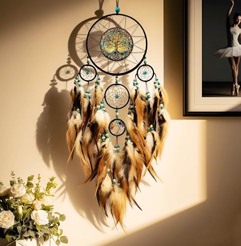Large Dream Catchers for Bedroom Adult Brown Boho Dream Catcher Wall Decor Tree of Life Suncatcher Hanging for Boys Teen Room Decor Dorm Living Room Hanging Decoration Festival Gifts - Image 3