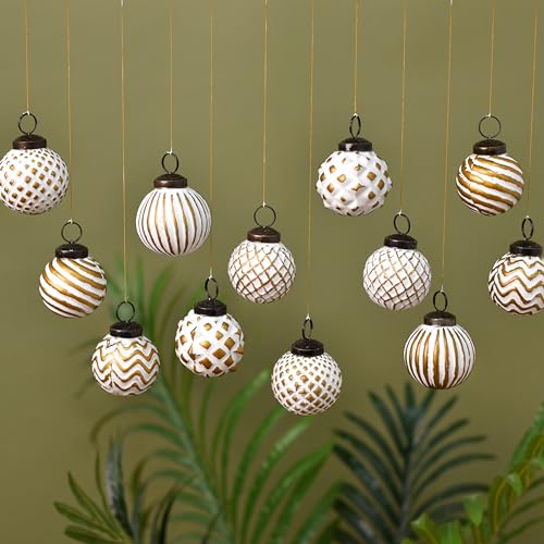 Image of 12 Large White and Gold Farmhouse Christmas Balls - Vintage Glass Ornaments for Round Tree