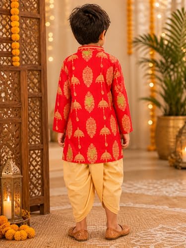 Image of superminis Boy's Golden Foil Printed Side Open Cotton Kurta, Round Collar, Full Sleeves Ethnic Wear Dhoti Kurta Set