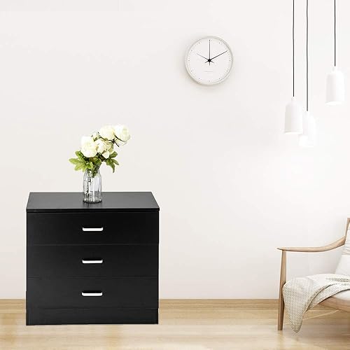 Miniatura 9 de AMOPA Cómoda de madera simple con 3 cajones, cómoda de almacenamiento, mesita de noche de madera para dormitorio, sala de estar (negro)