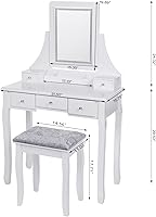 Vista 7 de BEWISHOME Tocador, Juego de tocador para niñas con espejo y luces, pequeño tocador de maquillaje con 5 cajones y taburete, mesa de tocador con 3