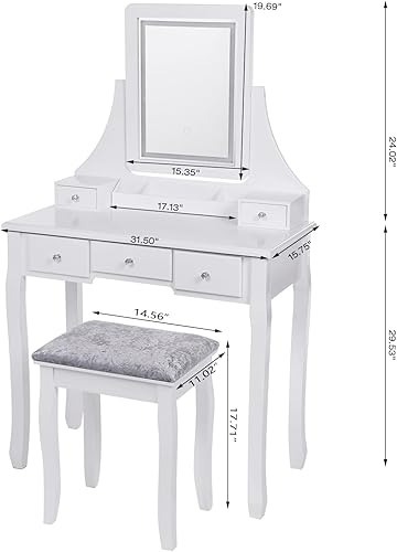 Miniatura 7 de BEWISHOME Tocador, Juego de tocador para niñas con espejo y luces, pequeño tocador de maquillaje con 5 cajones y taburete, mesa de tocador con 3