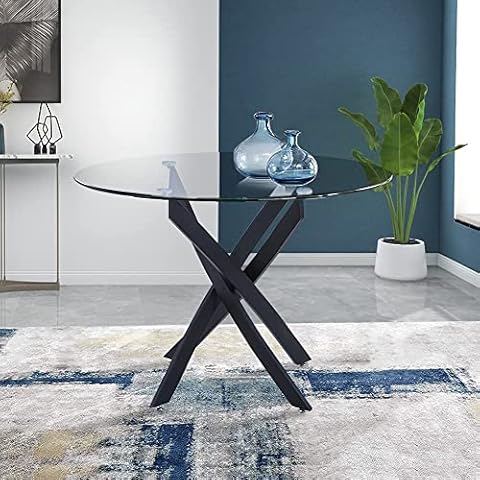 GOLDFAN Round Tempered Glass Dining Table Morden Kitchen Table with Chromed Legs Chrome for Dining Room, Black (Table Only) Cover