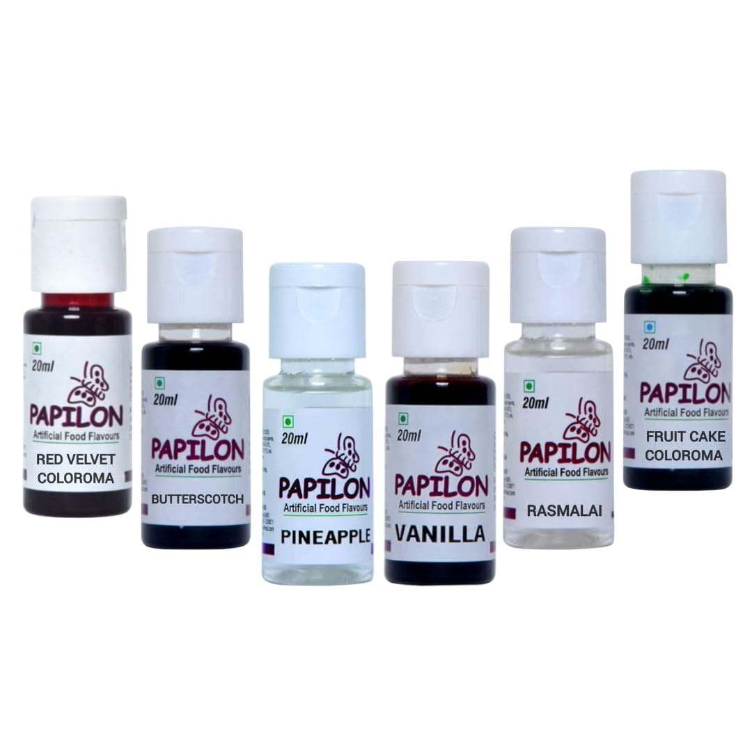 Papilon Culinary Essence Pack of 6 Bottles 20ml Vanilla, Pineapple, Rasmalai, Red Velvet Coloroma, Fruitcake Coloroma, Butterscotch