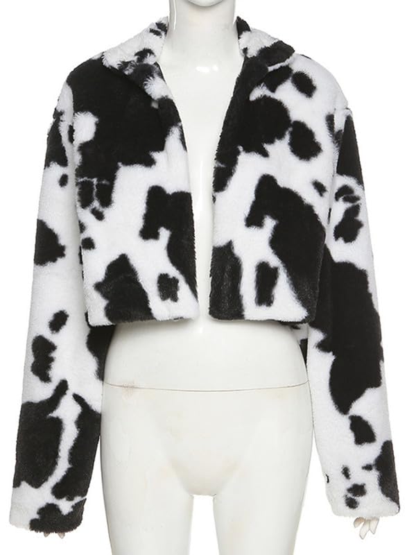 BAIMORE Women's Fuzzy Black and White Polka Dot Stand Collar Open Front Crop Faux Fur Coat3