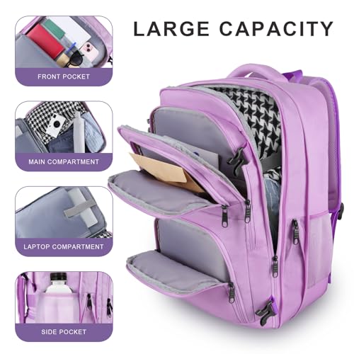 Image of Large Travel Backpack, Laptop Backpack for women, Expandable 52L Carry On Backpack, TSA Water Resistant Weekender 18.4 Inch Laptop Backpack, Anti Theft Business Computer Bag with Port, Purple