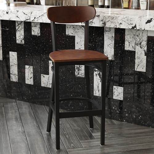 Image of Flash Furniture Wright 2 Pack Commercial Barstools - Walnut Finish Wood Seat and Boomerang Back - 500 LB. Capacity Black Steel Frame - Integrated Footrest