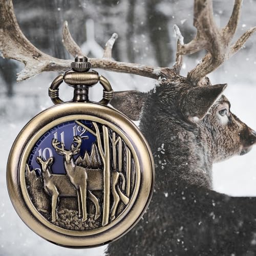 Image of SIBOSUN Pocket Watch with Chain Oversized 50MM 1.96 Inch Deer Reindeer Woodland Men Vintage Box Quartz Pocket Watches Analog