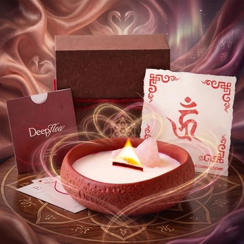 DEEP FLOW Rose Quartz Love Energy Candle - Soft Peach Floral Scent Luxury Scented Candle with Healing Crystals for Self-Care & Romance (Nurturing Serenity)