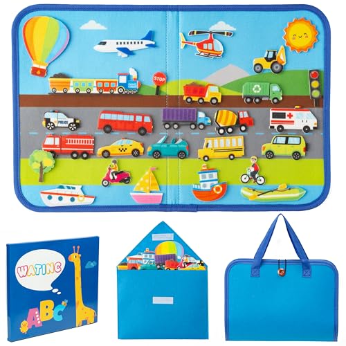 WATINC Travel Felt Board Story Set - 25PCS Portable Felt Board Educational Birthday Gift for Boys Girls Themed Storytelling Preschool Early Learning Interactive Play Kit for Toddlers (Transportation)