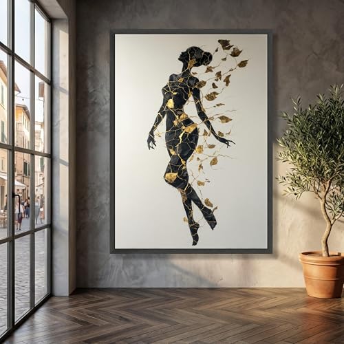 Décoration murale moderne avec tableau abstrait sur toile de femme noir et or