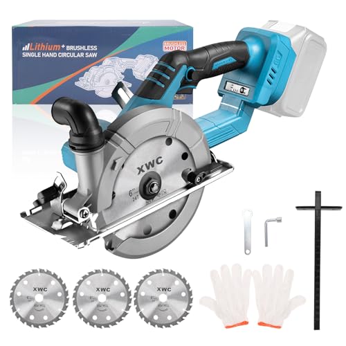 Mini sierra circular sin escobillas, batería de mano para Makita 18 V, batería de ion de litio con 3 hojas de sierra, 6800 RPM, motor de cobre puro, ideal para cortar madera (sin batería)