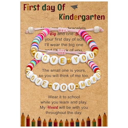 First Day of Kindergarten Mommy and Me Bracelets – Adjustable Mother Daughter Son Bracelets with Gift Card & Pouch – Back to School Gift for Kindergarten, Preschool, 1st Grade Girls